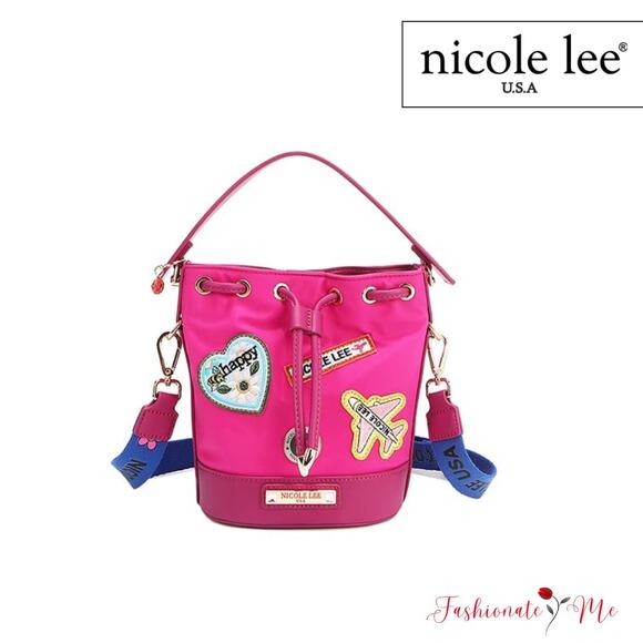 Nicole Lee USA Embroidered Color Patches Drawstring Closure Bucket Bag | Plum - Picture 1 of 14
